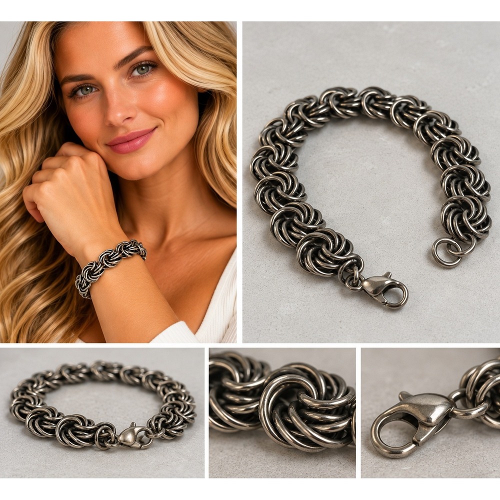 Spotted Dog Jewelry Bracelet 7.5 Silver Chainmaille Rosette Chunky Artisan Edgy!